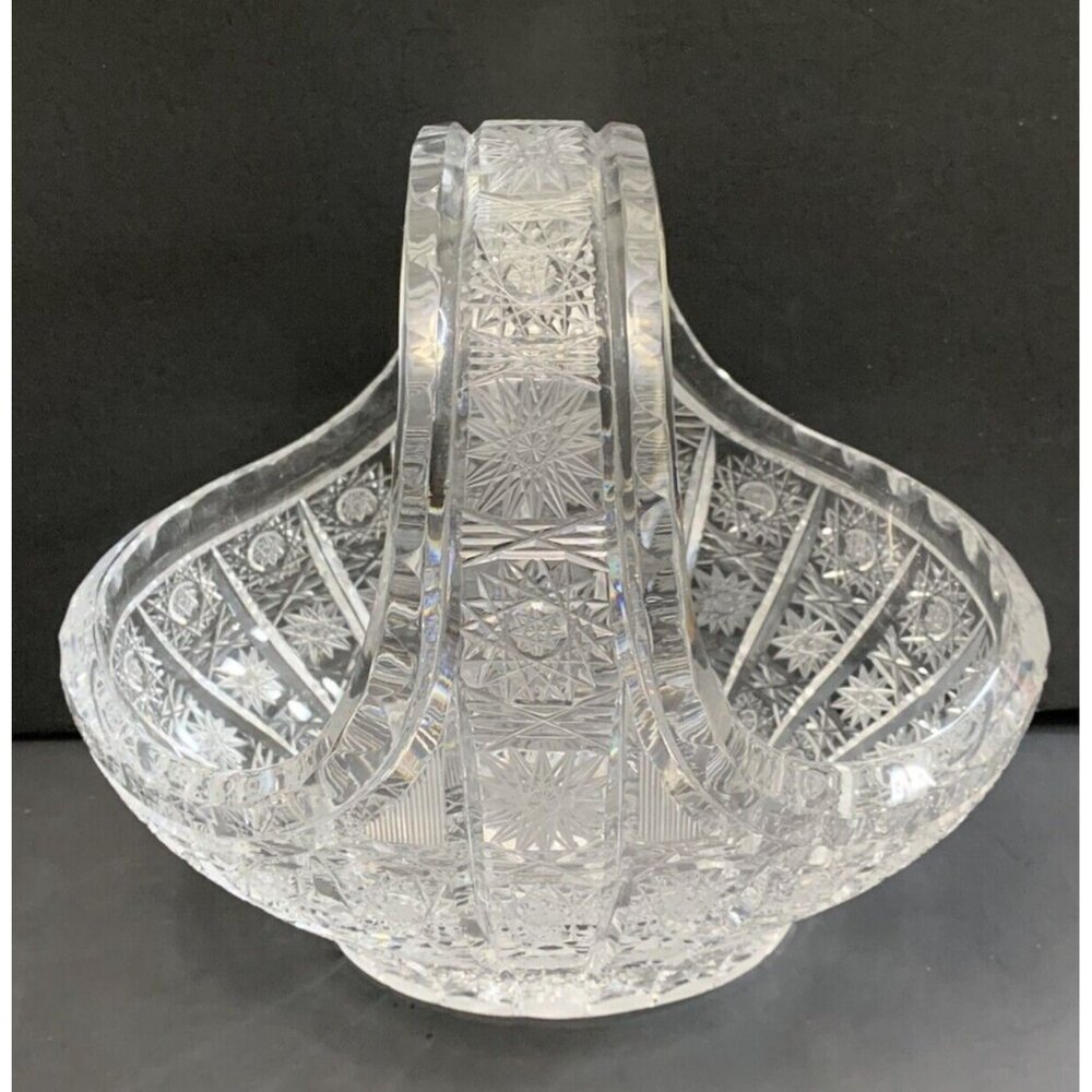 Crystal Oval Basket Shaped Clear Glass Dish Bowl Handle Queens Lace Unmarked